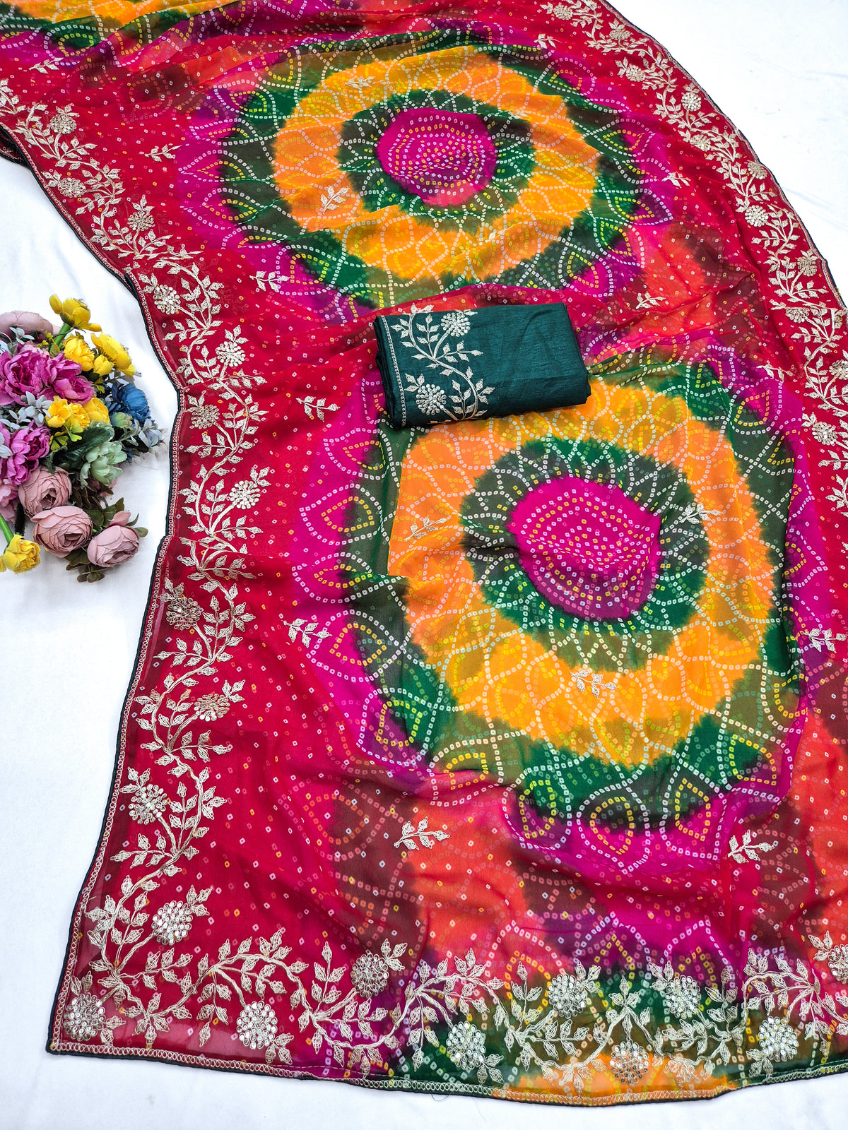 BANDHANI PRINT CODDING WITH SEQUENCE EMBROIDERY WORK SAREE
