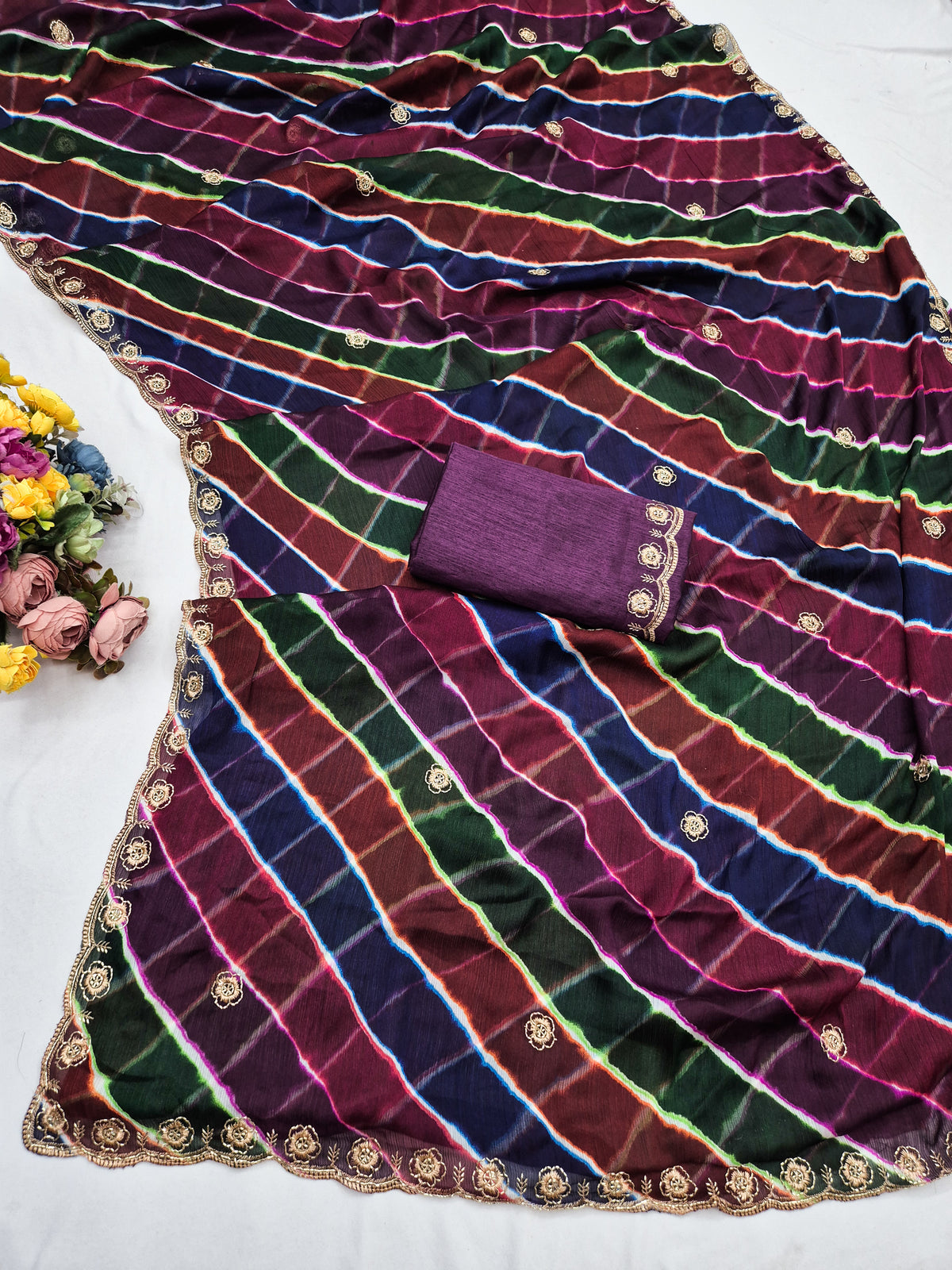 Chiffon Fabric Laheriya Print saree with beads embroidery work embroidered blouse.