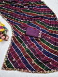 Chiffon Fabric Laheriya Print saree with beads embroidery work embroidered blouse.
