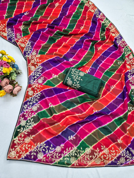 Laheriya print soft georgette fabric saree with beautiful embroidery work design with embroidered blouse