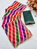 Light colour matching laheriya print beads embroidery work saree