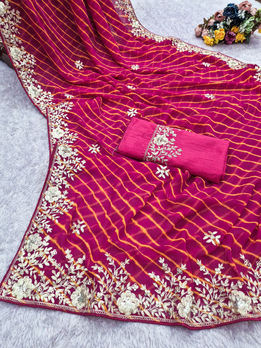 laheriya print georgette fabric embroidered saree