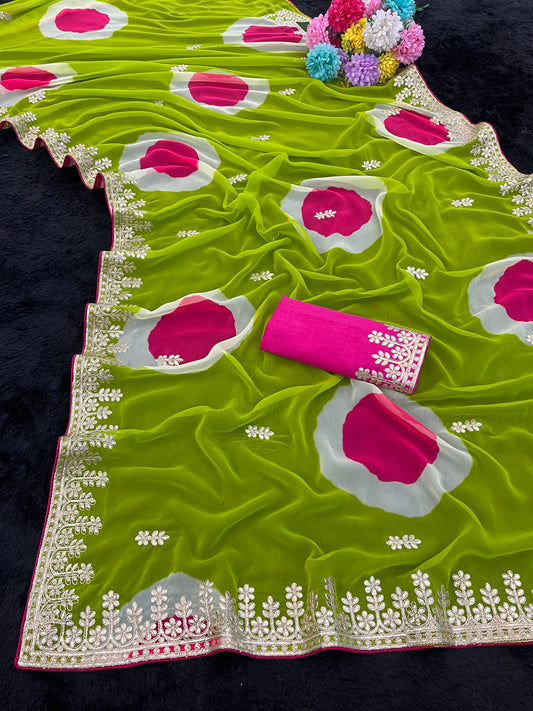 Trending Gota Patti work multicolour gola style print saree.