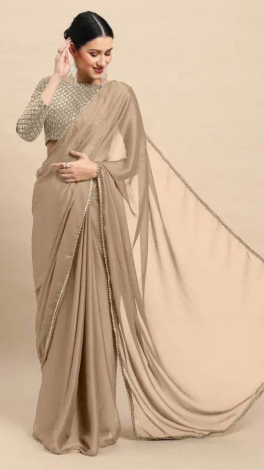 Solid Beige Plain Satin  Saree