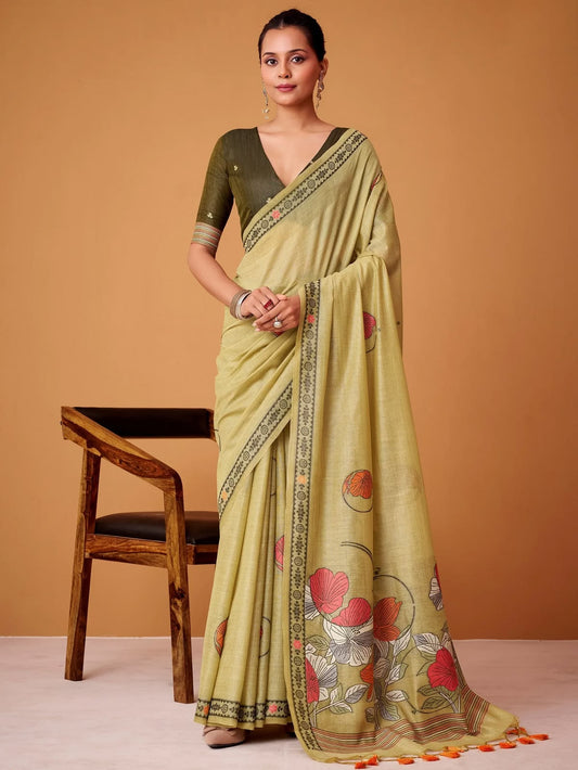 Elegant  Light Yellow Printed saree