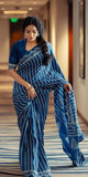 Buy Midnight Stripe Indigo Hand-Block  Printed saree