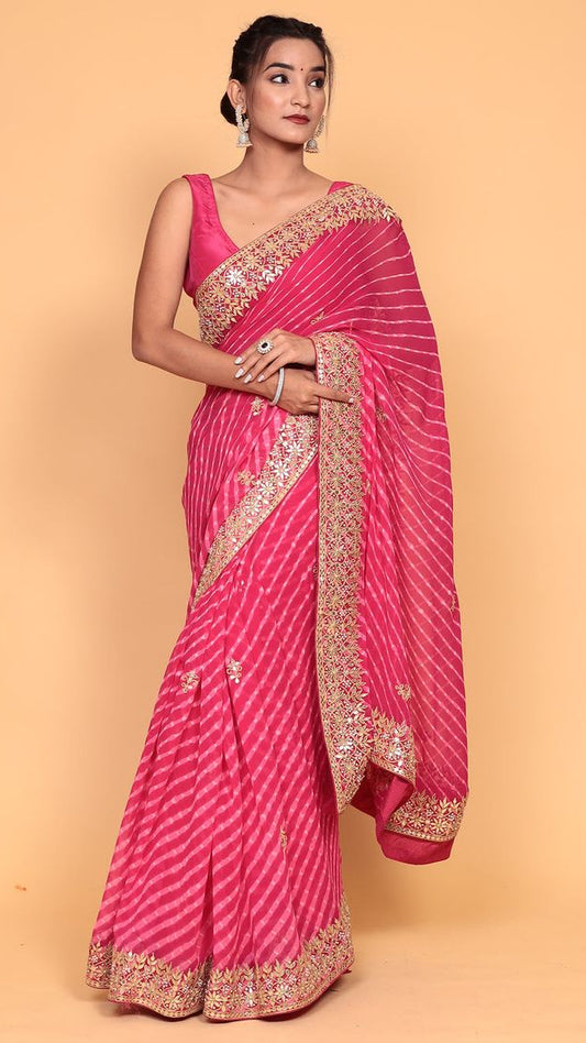 Buy Soft Light Pink Chiffon Saree with Gota Patti, Mothra work.