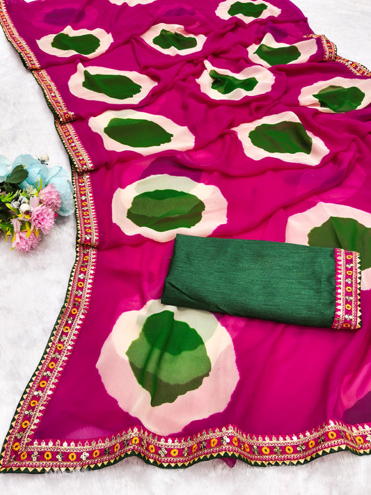 Georgette Designer Saree with Large Floral Print & Embroidered Lace Border