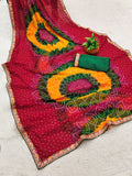 Georgette Bandhani Print Saree with Embroidered Lace Border