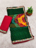 Georgette Bandhani Print Saree with Embroidered Lace Border
