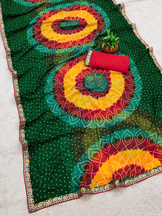 Georgette Bandhani Print Saree with Embroidered Lace Border