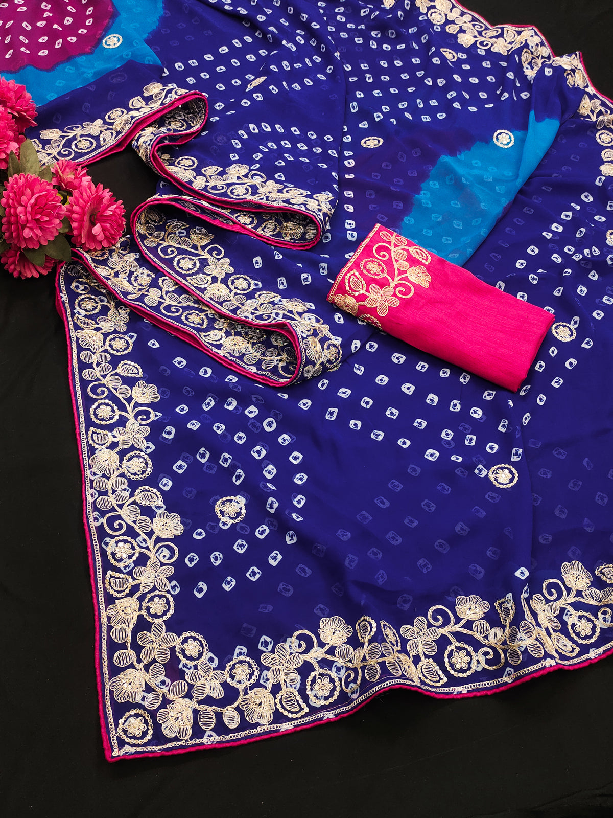 pitta work bandhani print georgette saree