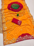 pitta work bandhani print georgette saree