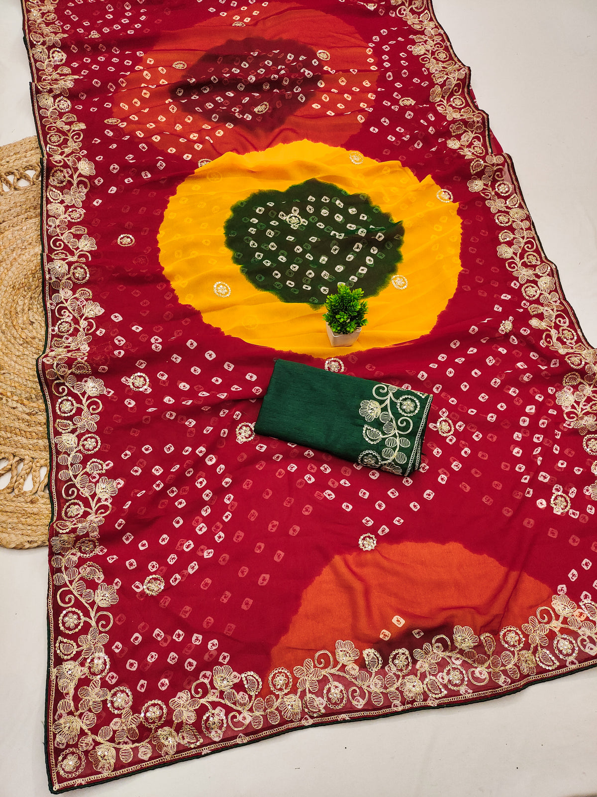 pitta work bandhani print georgette saree
