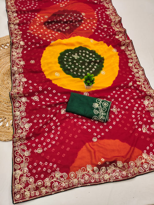 pitta work bandhani print georgette saree