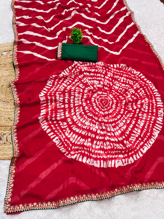 laheriya print moss chiffon fabric saree,with embroidery work saree.