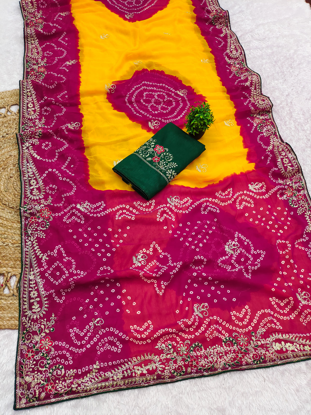 Georgette fabric embroidery pitta work saree with embroidered blouse.