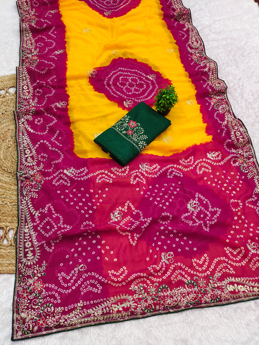 Georgette fabric embroidery pitta work saree with embroidered blouse.