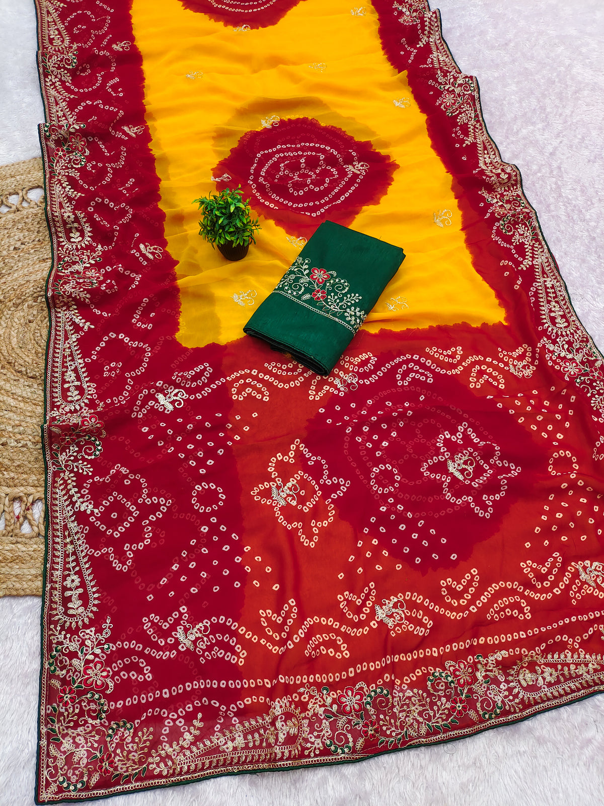 Georgette fabric embroidery pitta work saree with embroidered blouse.