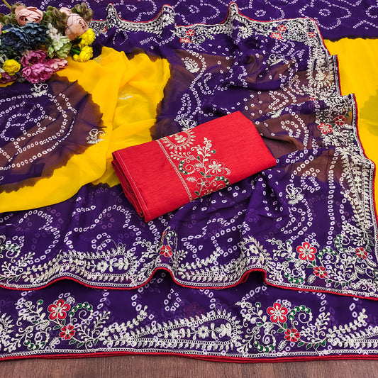 Georgette fabric embroidery pitta work saree with embroidered blouse.