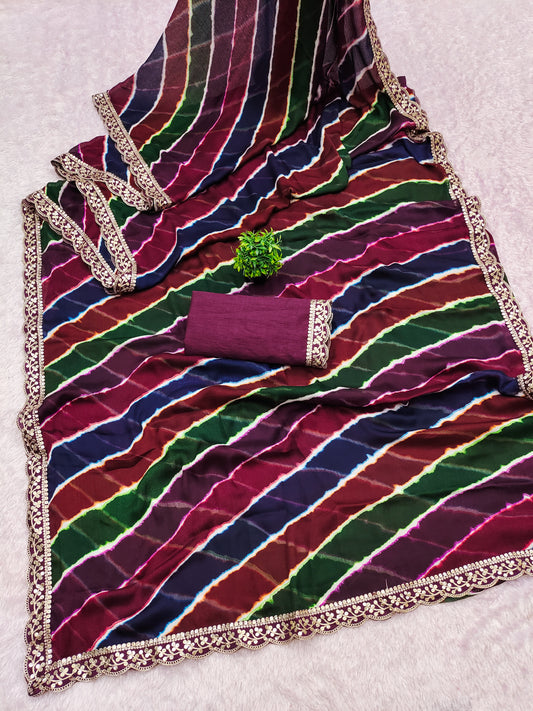 moss chiffon fabric laheriya print saree with cutwork lace border.
