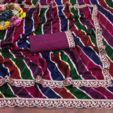 moss chiffon fabric laheriya print saree with cutwork lace border.