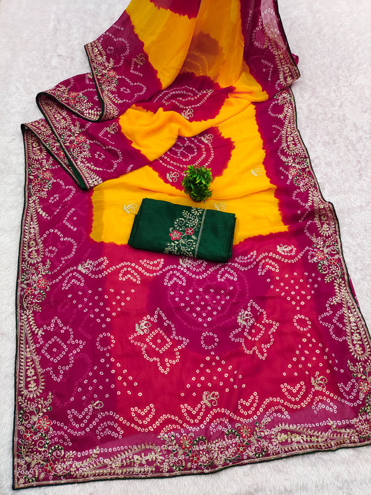Georgette fabric embroidery pitta work saree with embroidered blouse.