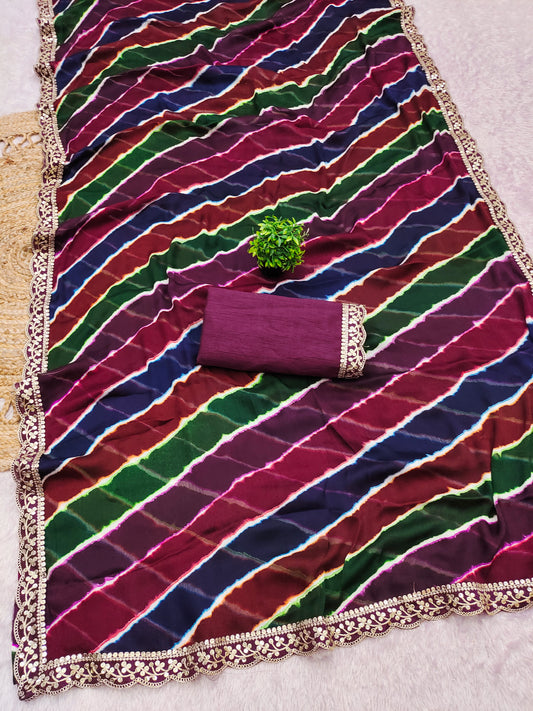 moss chiffon fabric laheriya print saree with cutwork lace border.
