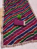 moss chiffon fabric laheriya print saree with cutwork lace border.