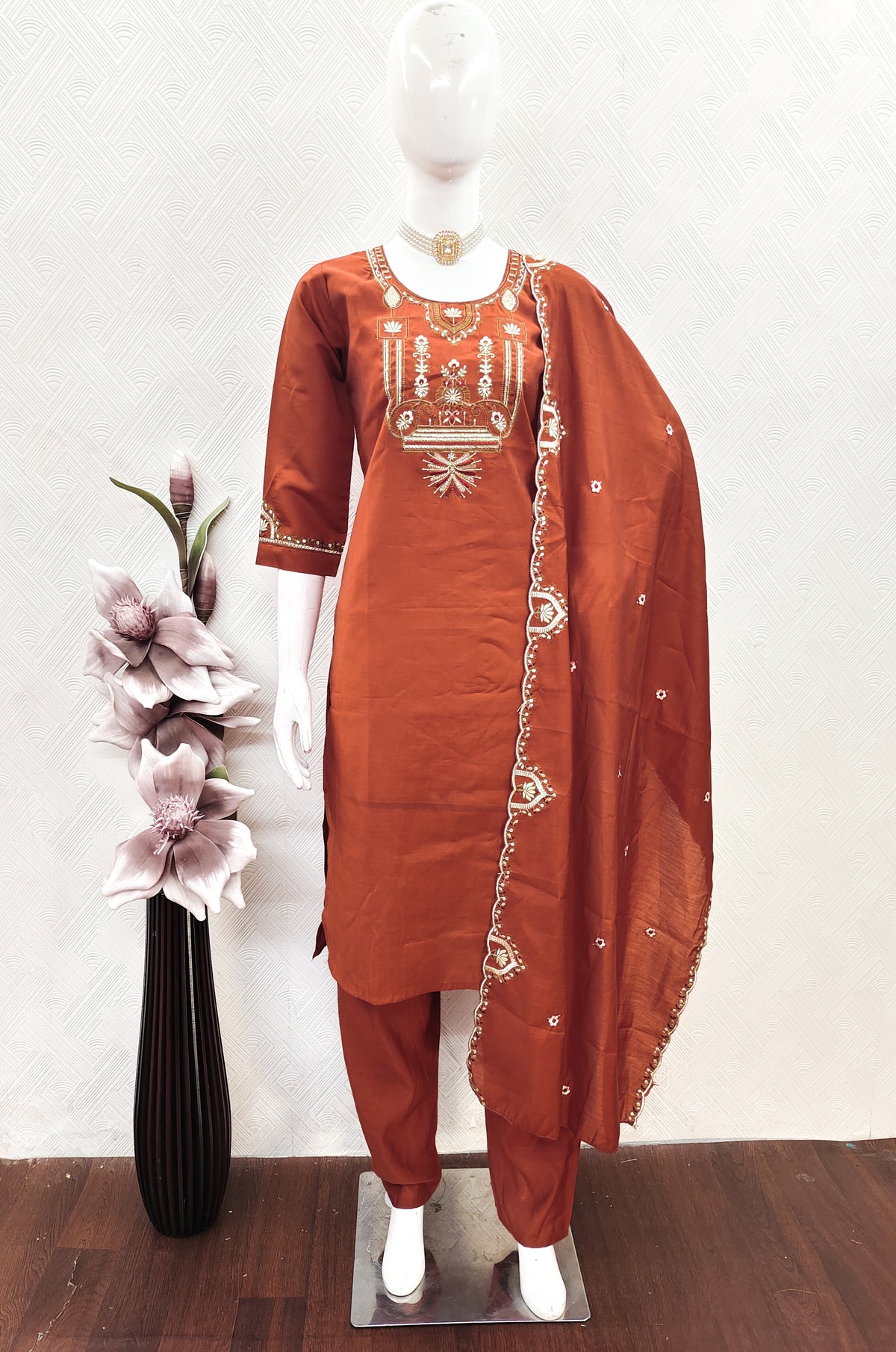 kurti pant dupatta set with embroidery work