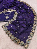 Fendi sattin chiffon fabric with embroidery work design on allover saree.