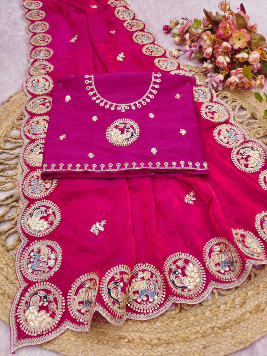 Fendi sattin chiffon fabric with embroidery work design on allover saree.