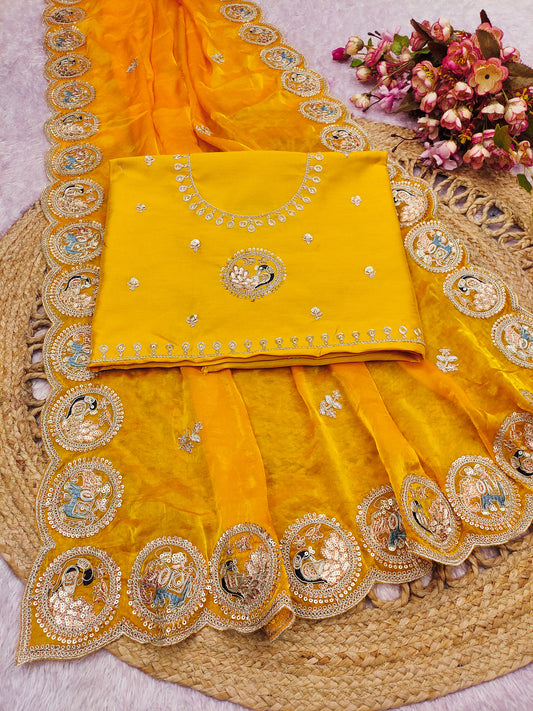 Fendi sattin chiffon fabric with embroidery work design on allover saree.