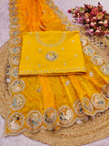 Fendi sattin chiffon fabric with embroidery work design on allover saree.