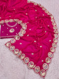 Fendi sattin chiffon fabric with embroidery work design on allover saree.