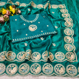 Fendi sattin chiffon fabric with embroidery work design on allover saree.