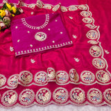 Fendi sattin chiffon fabric with embroidery work design on allover saree.