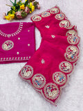 Fendi sattin chiffon fabric with embroidery work design on allover saree.