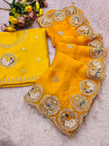 Fendi sattin chiffon fabric with embroidery work design on allover saree.