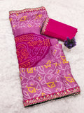 Moss Chiffon Bandhani Printed Saree with Designer Embroiderd Border For Women.