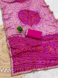Moss Chiffon Bandhani Printed Saree with Designer Embroiderd Border For Women.