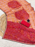 Moss Chiffon Bandhani Printed Saree with Designer Embroiderd Border For Women.