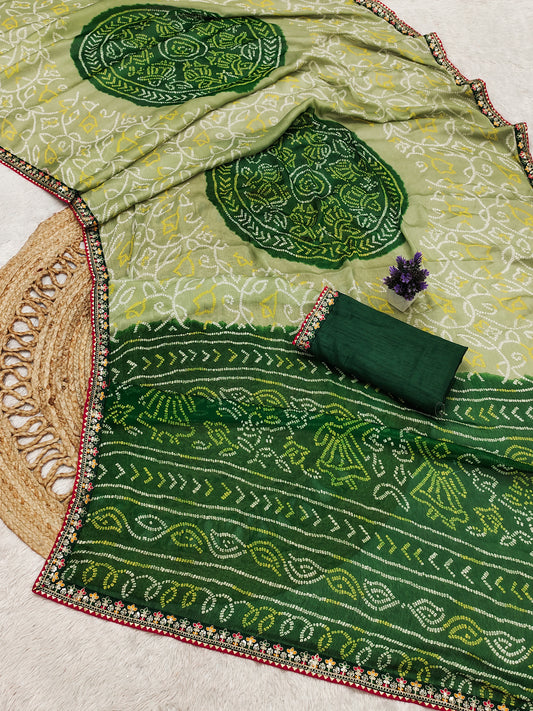Moss Chiffon Bandhani Printed Saree with Designer Embroiderd Border For Women.
