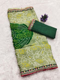 Moss Chiffon Bandhani Printed Saree with Designer Embroiderd Border For Women.