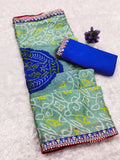 Moss Chiffon Bandhani Printed Saree with Designer Embroiderd Border For Women.