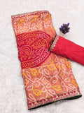 Moss Chiffon Bandhani Printed Saree with Designer Embroiderd Border For Women.