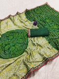 Moss Chiffon Bandhani Printed Saree with Designer Embroiderd Border For Women.