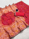 Moss Chiffon Bandhani Printed Saree with Designer Embroiderd Border For Women.