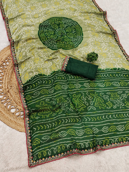 Moss Chiffon Bandhani Printed Saree with Designer Embroiderd Border For Women.