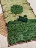 Moss Chiffon Bandhani Printed Saree with Designer Embroiderd Border For Women.